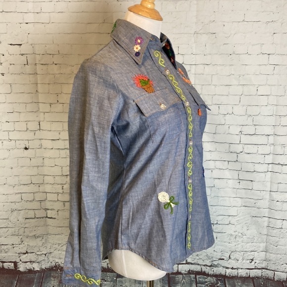 Levi’s Embroidered Chambray Shirt Vintage 70s S Hippie Western Cowboy Rockabilly - Picture 7 of 16